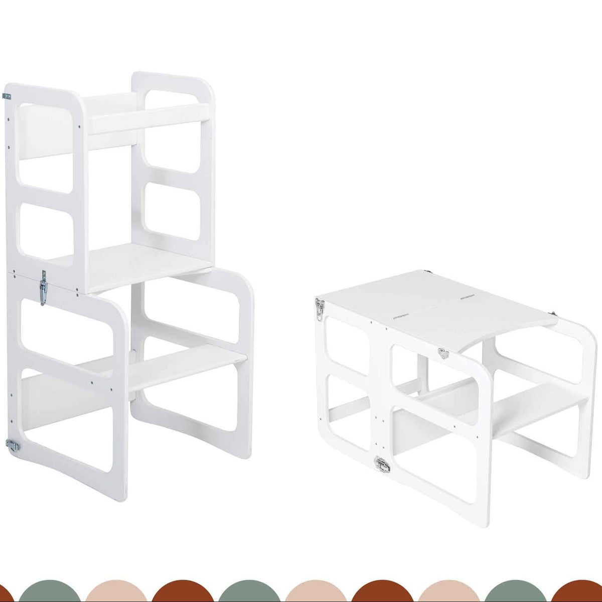 2-i-1 Transformérbart Køkkentårn – Bord- og Stolesæt – Hvid - Nordic Unique