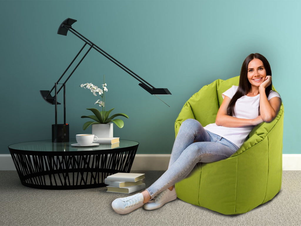Sæt med sækkestol Ø 70 H 80 cm med skammel, loungestol, gamingstol, Big Bamba, formstabil.