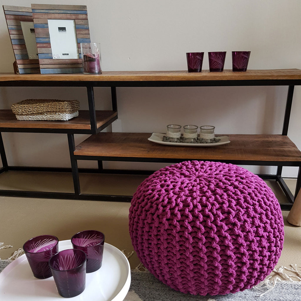 Puf/strikpuf grovstrik Ø45x30cm lilla