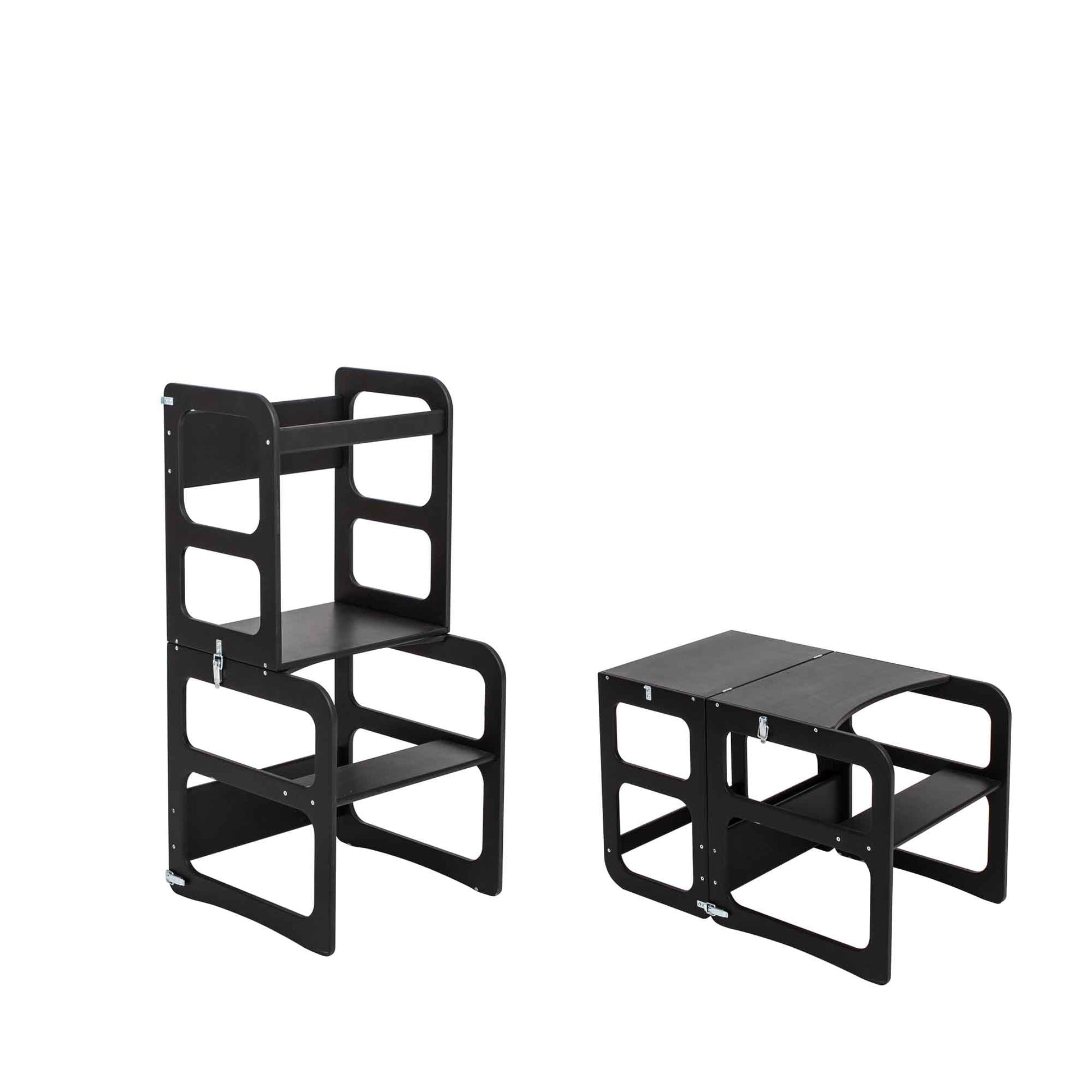 2-i-1 Transformérbart Køkkentårn – Bord- og Stolesæt – Sort - Nordic Unique