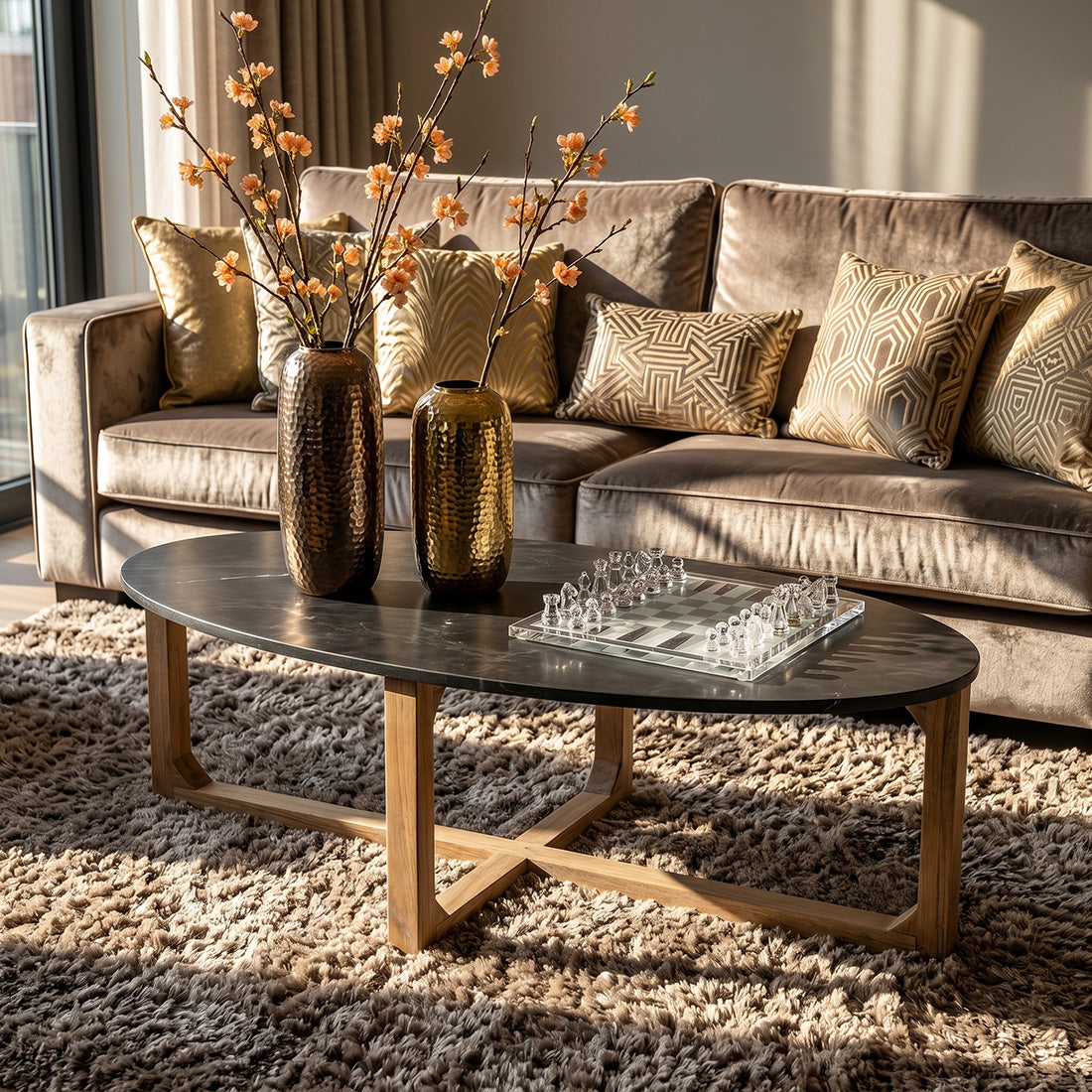 Ovalt sofabord i marmor - Sort - 120 x 60 x 38 cm