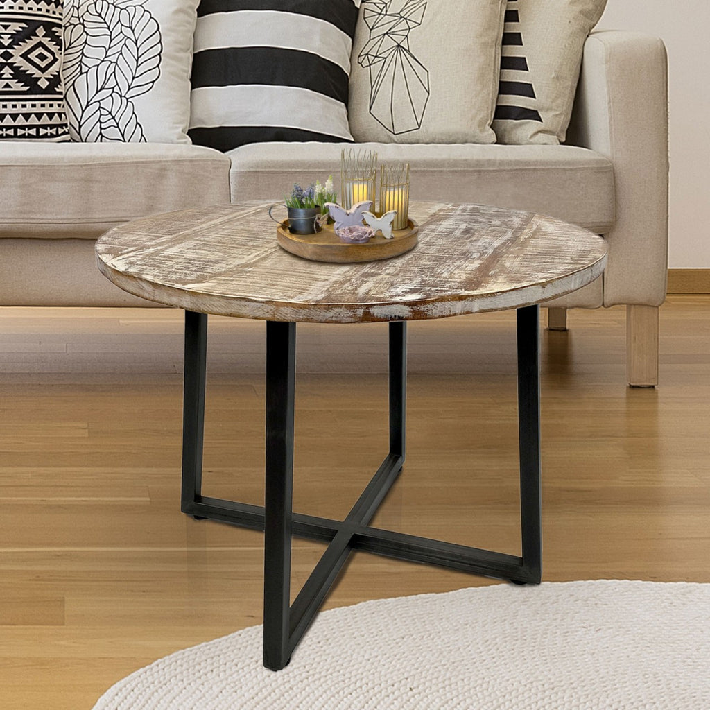 Rund sofabord ø60x45cm til stuen, træ og metal, sort stel